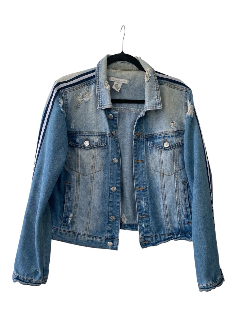 Crave Fame Light Blue Distressed Denim Jacket with Shoulder Stripe Size XL